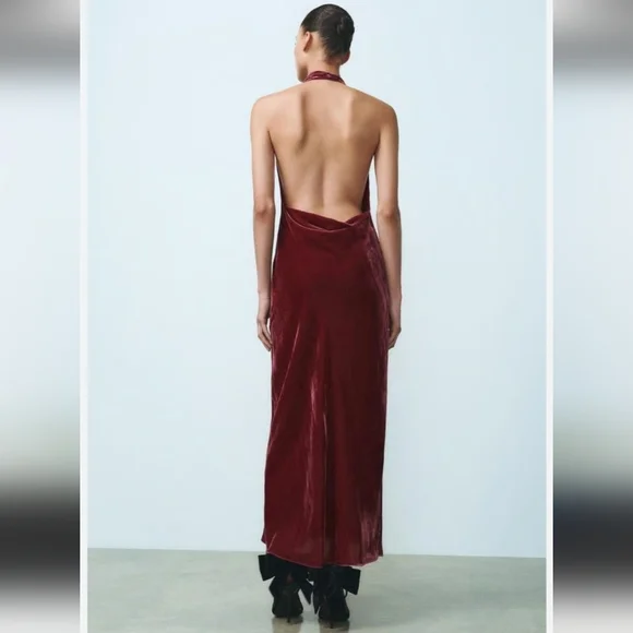 Zara Bloggers Favorite Raspberry Velvet Halter Dress Size Small - Picture 3 of 13